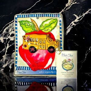 Vtg Clayworks by Heather Goldmink Blue Sky Ceramic School Bus Pin Brooch New